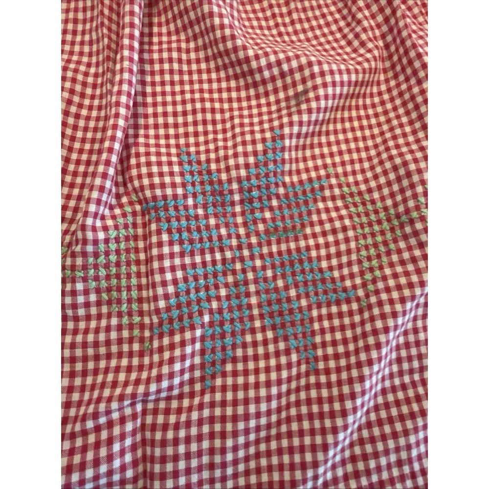 Vintage Hand Made Half Apron With Embroidery Red and White Check